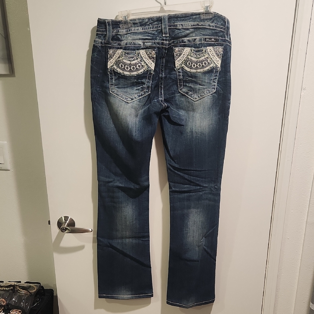 Miss Me Blue Boot Cut Jeans with White Lace Accents In Excellent Condition